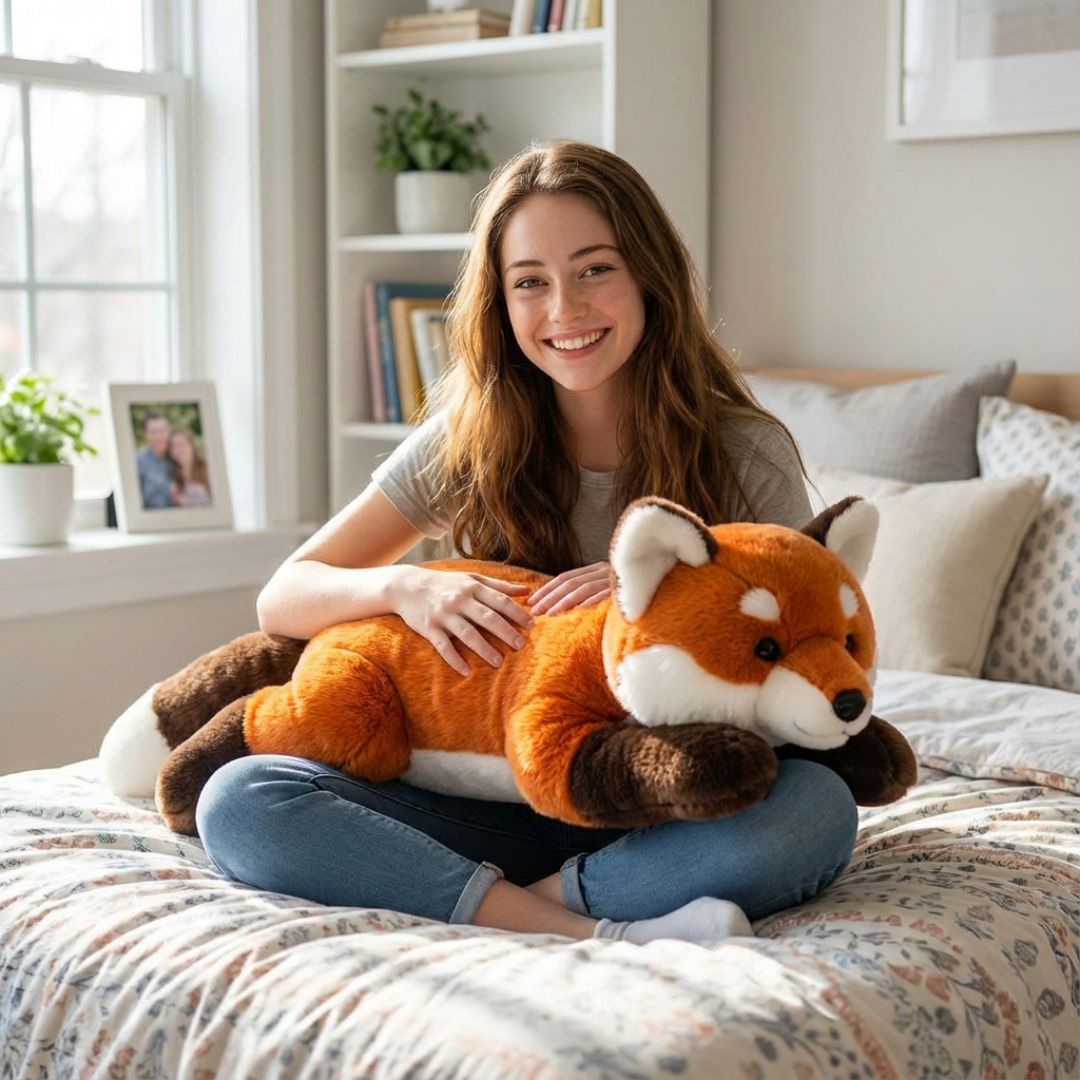 Fox plush long pillow, huggable design, perfect for bedroom decor & comfort.