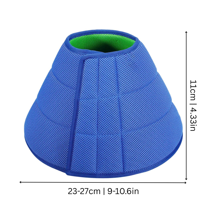 Adjustable mesh pet cone collar for comfortable post-surgery recovery in pets.