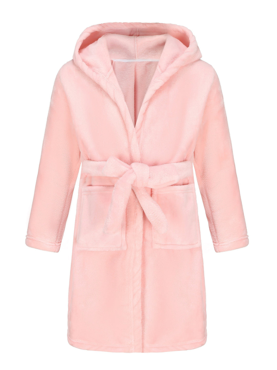 Soft pink hooded fleece bathrobe for girls, perfect for cozy comfort after bath or as loungewear.
