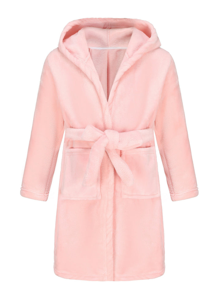 Soft pink hooded fleece bathrobe for girls, perfect for cozy comfort after bath or as loungewear.