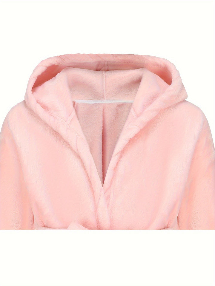Warm hooded fleece bathrobe for girls, a soft and cozy kids' robe for ultimate comfort in winter.