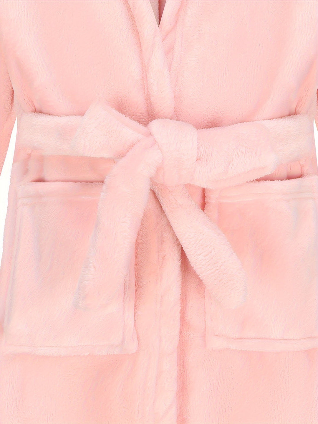 Girls' soft pink fleece hooded bathrobe, perfect comfort for kids after bath or as warm sleepwear.