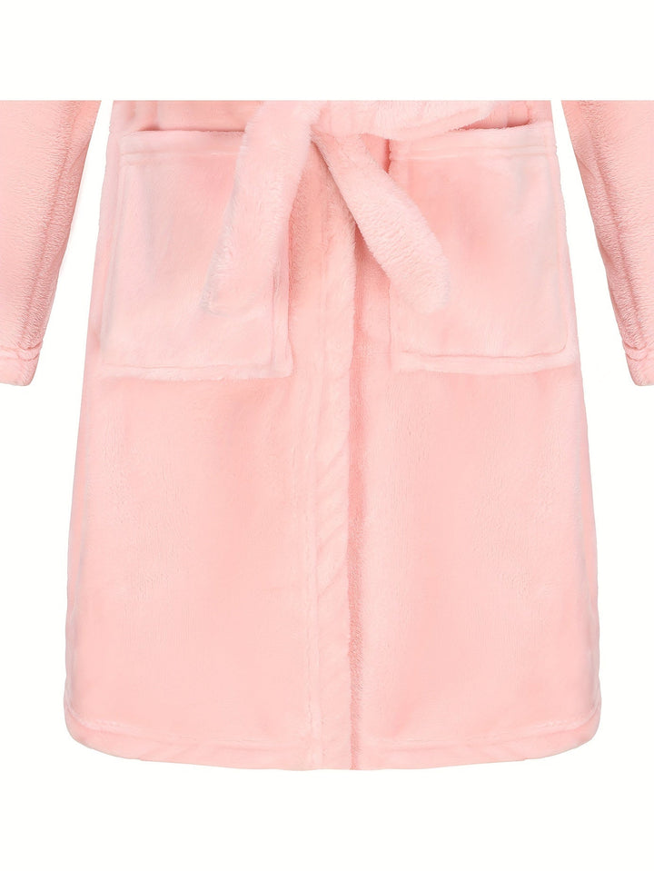 Children's hooded fleece bathrobe in navy blue, offering soft, cozy comfort for girls at home.