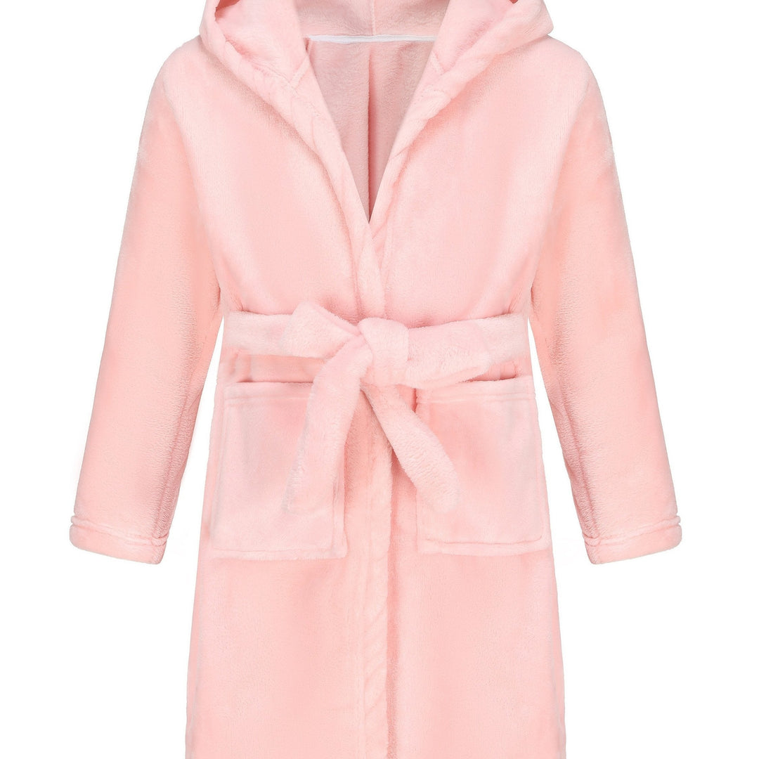 Soft khaki hooded fleece robe for girls, comfortable kids' loungewear or warm winter sleepwear.
