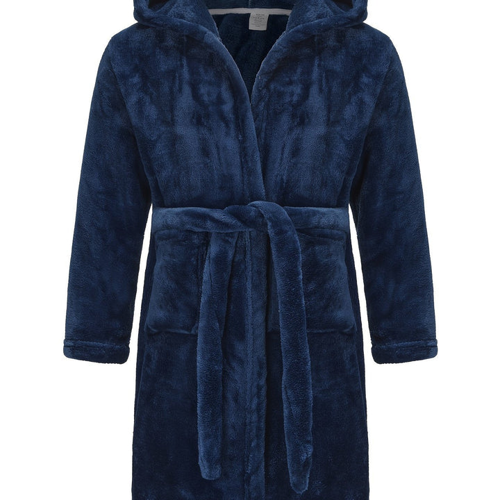 Cozy girls' hooded fleece bathrobe, soft pink material for ultimate comfort after bath or lounging.