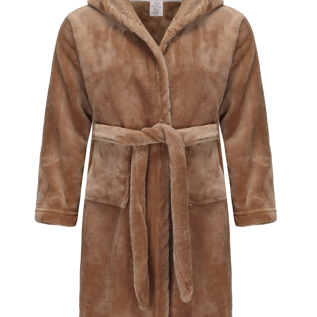 Girls' navy blue hooded fleece bathrobe, soft and warm for comfortable kids' sleepwear or loungewear.