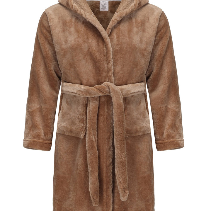Girls' navy blue hooded fleece bathrobe, soft and warm for comfortable kids' sleepwear or loungewear.