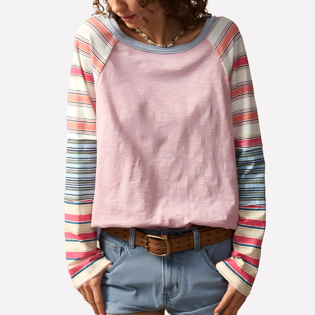 Soft pink striped raglan long sleeve top for women, perfect for comfortable casual everyday wear. Boho crew neck.