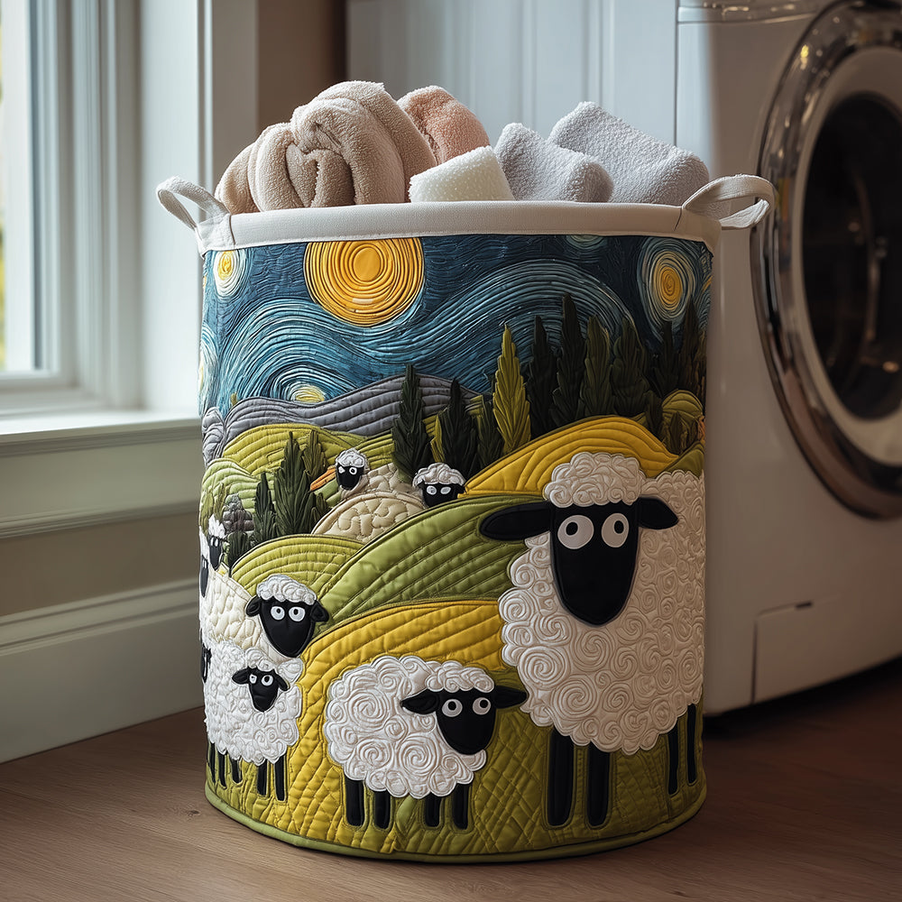 Soft, stand-alone Quilted Lamb Meadow laundry basket. Washable fabric storage for bedroom, bathroom, kids room decor.