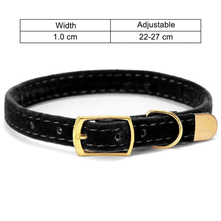 Comfortable velour cat collar, soft to the touch, with a decorative golden buckle. Fully adjustable for pet safety.