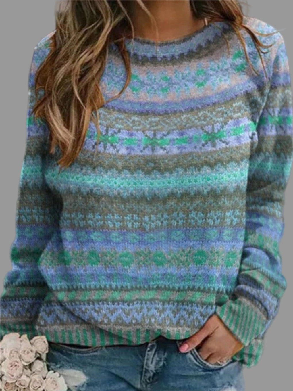 Soft vintage blue women's round neck sweater. Relaxed fit pullover with long sleeves, perfect for cozy autumn & winter layering.