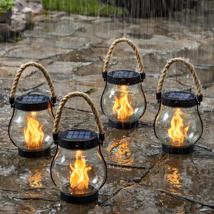 Solar flame lantern for garden ambiance. Realistic flickering light, waterproof, wireless outdoor lighting.
