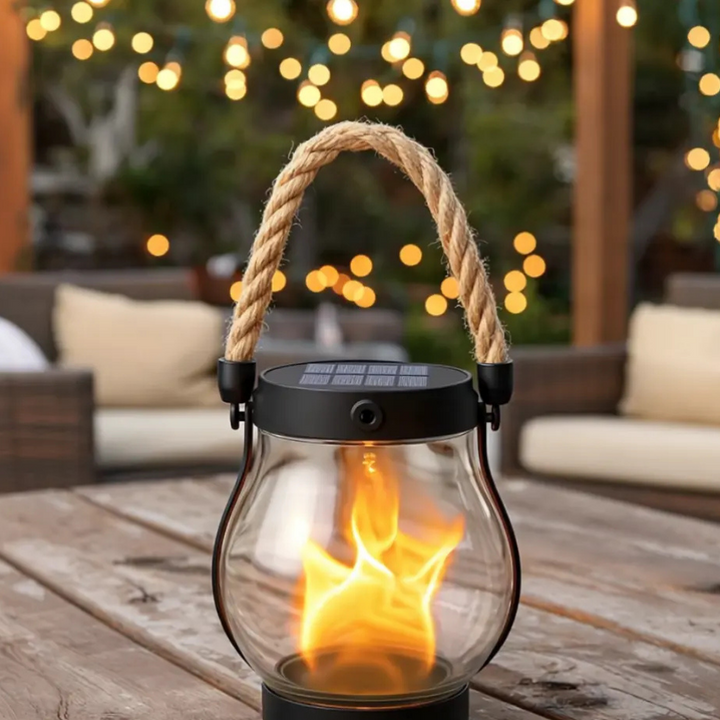 Outdoor solar lantern with realistic flame effect. Ideal for garden ambiance, patio lighting, and decorative outdoor spaces.