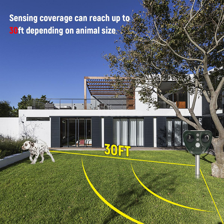 Humane ultrasonic pest control repelling birds from outdoor spaces.