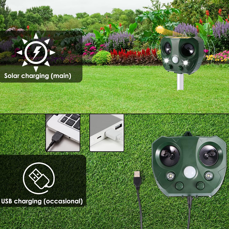 Wireless solar powered bird repeller, effective garden protection.