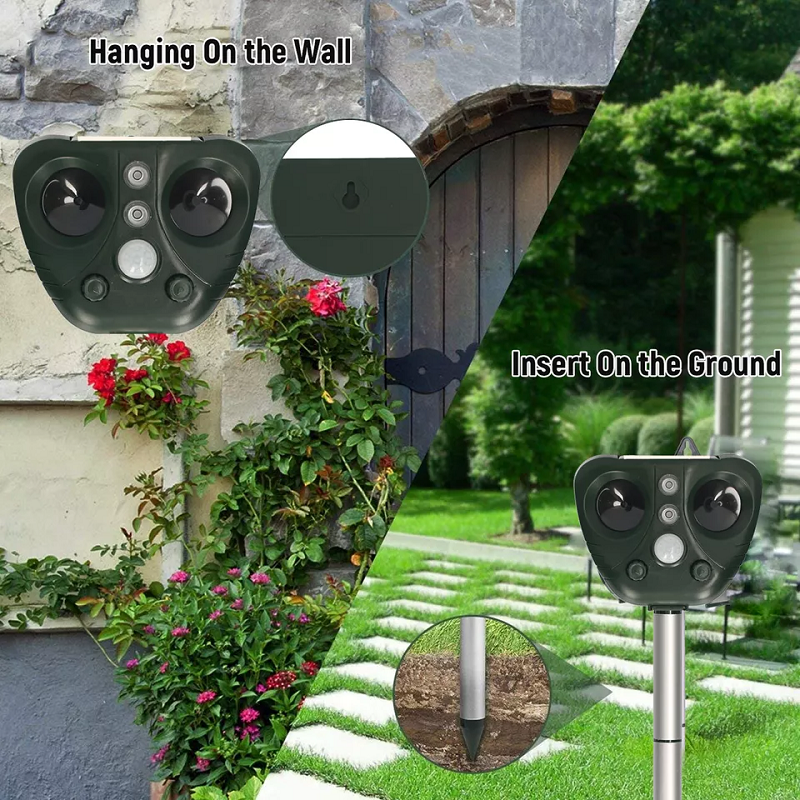 Close-up of solar ultrasonic bird repeller unit for outdoor use.