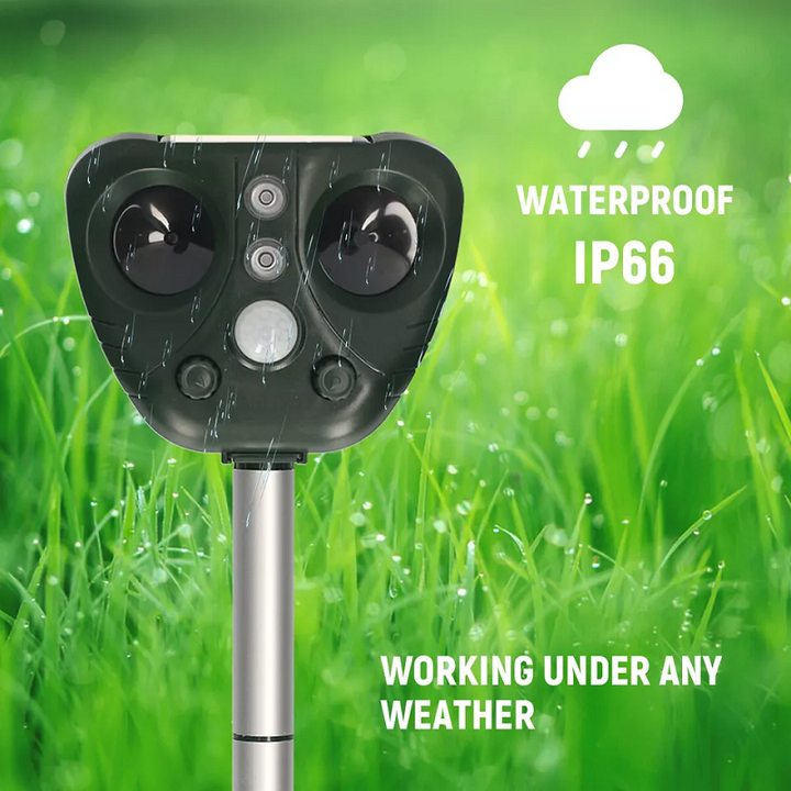 Diagram showing solar ultrasonic bird repeller functionality.