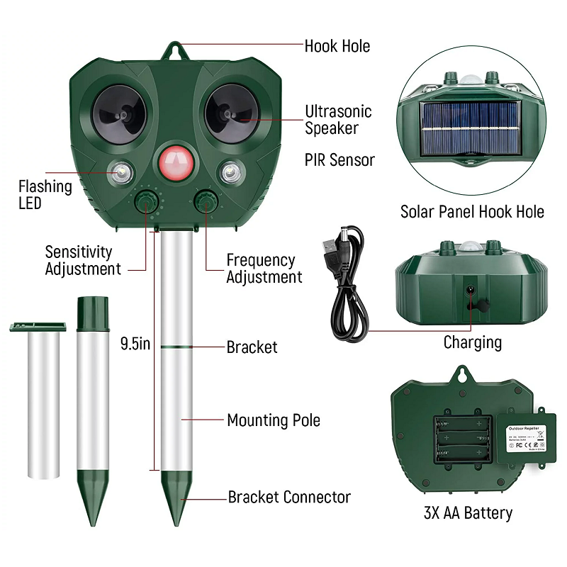 Ultrasonic pest control device protecting yards from unwanted birds.