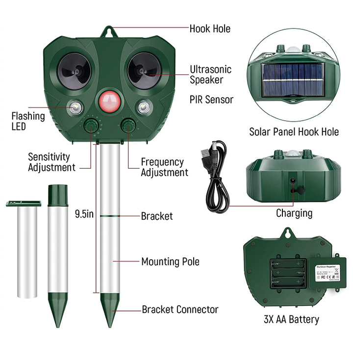 Ultrasonic pest control device protecting yards from unwanted birds.