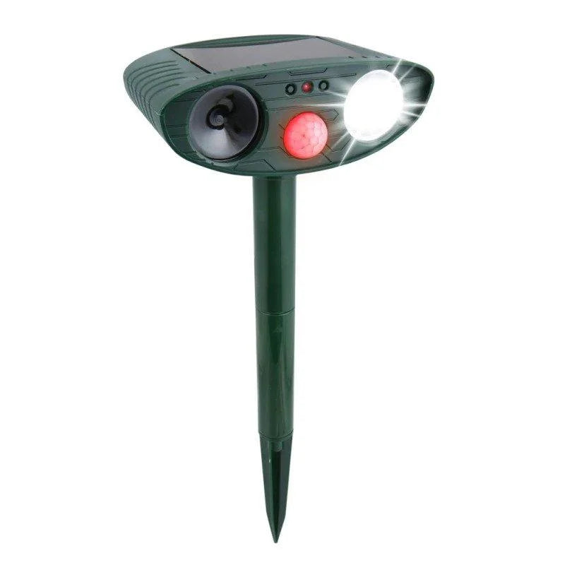 Solar ultrasonic deer repeller, humane garden & yard pest control. Protects plants effectively.