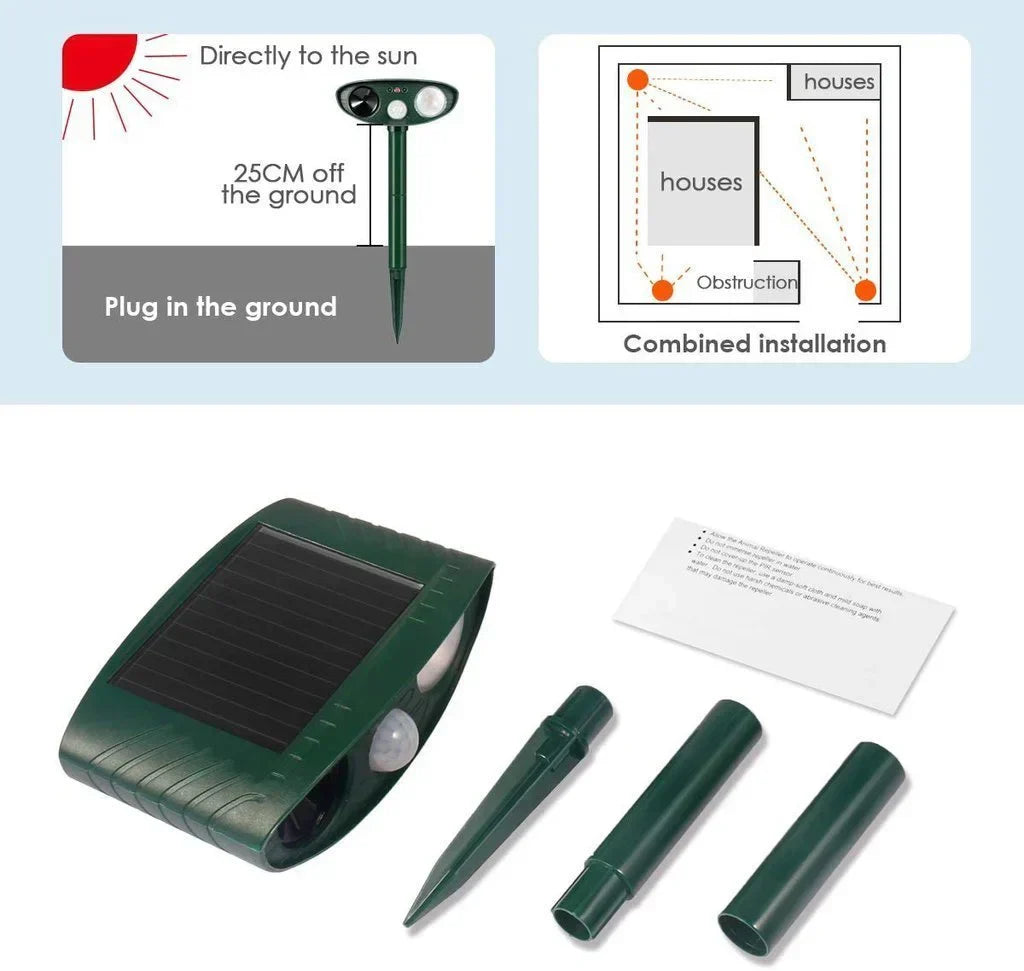 Retail packaging for solar ultrasonic deer repeller. Humane & effective garden pest control.