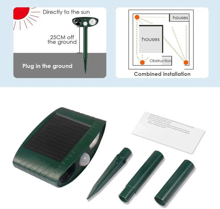Retail packaging for solar ultrasonic deer repeller. Humane & effective garden pest control.