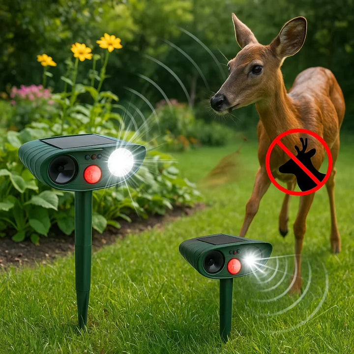 Solar ultrasonic animal repeller protecting garden from deer. Silent & humane deterrence.