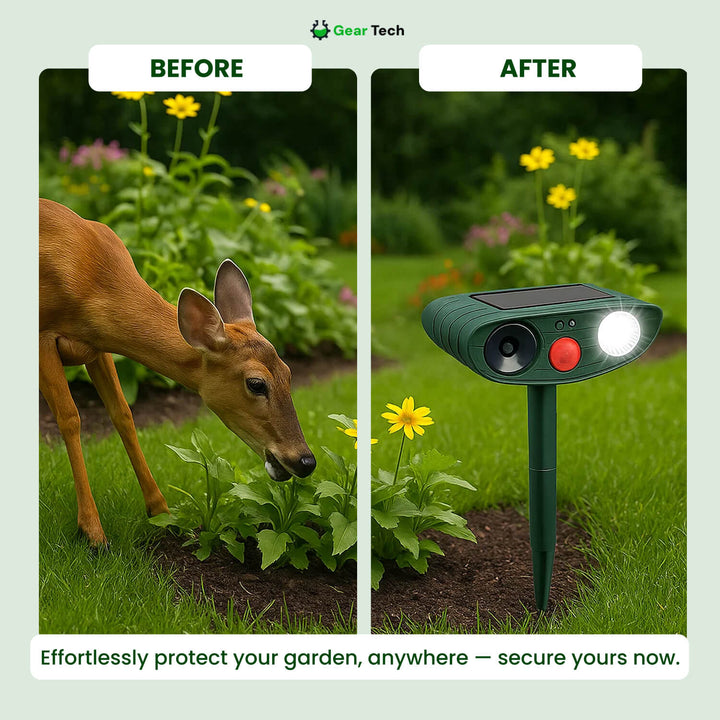 Side view of solar ultrasonic deer repeller. Compact design for discreet garden placement.