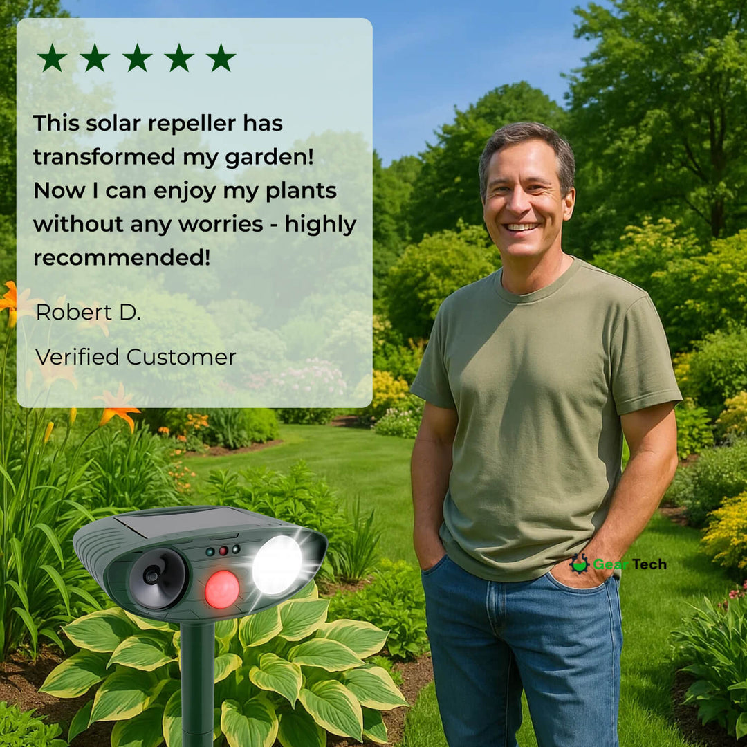 Portable solar ultrasonic animal deterrent. Flexible garden protection from deer.
