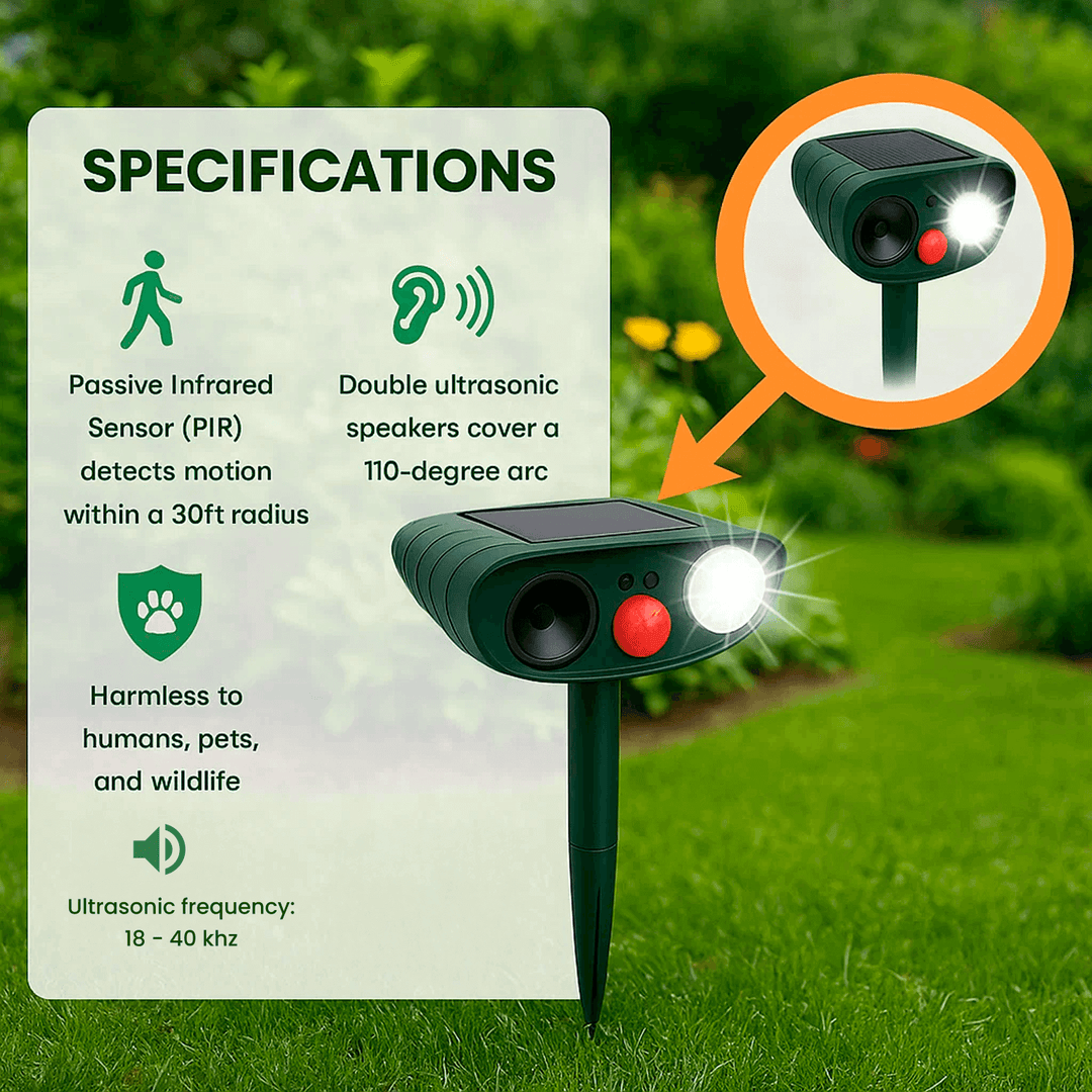 Robust solar ultrasonic deer repeller. Built for long-lasting outdoor garden defense.