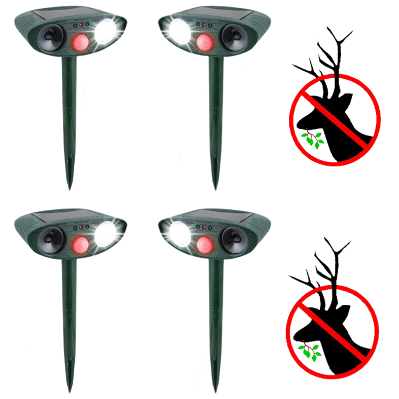 Complete solar ultrasonic deer repeller kit for total garden and yard animal deterrence.