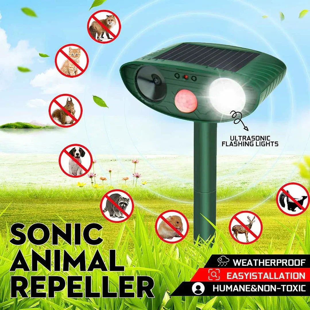 Close-up of solar panel on ultrasonic deer repeller. Eco-friendly power for garden pest control.