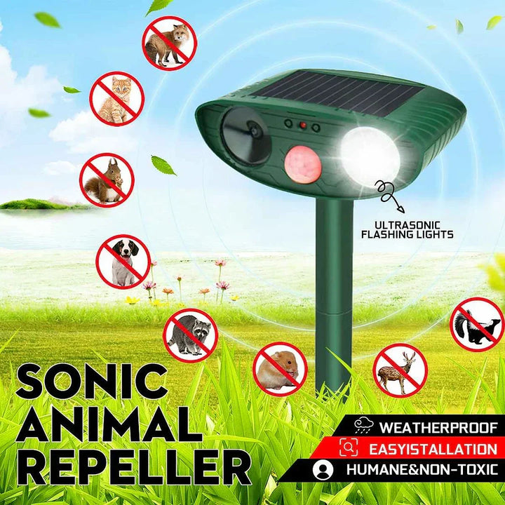 Close-up of solar panel on ultrasonic deer repeller. Eco-friendly power for garden pest control.