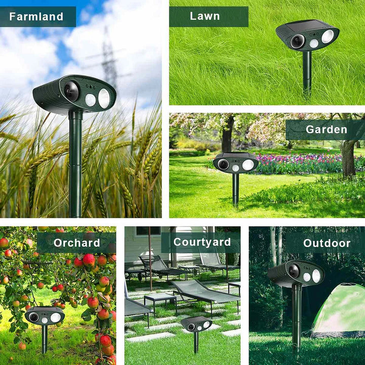 Humane solar ultrasonic animal deterrent with ground stake. Easy yard defense & garden protection.