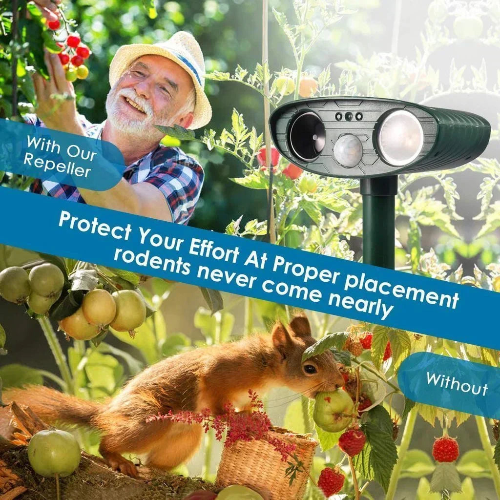 Front view of solar ultrasonic deer repeller. Advanced sensor for humane animal deterrence.