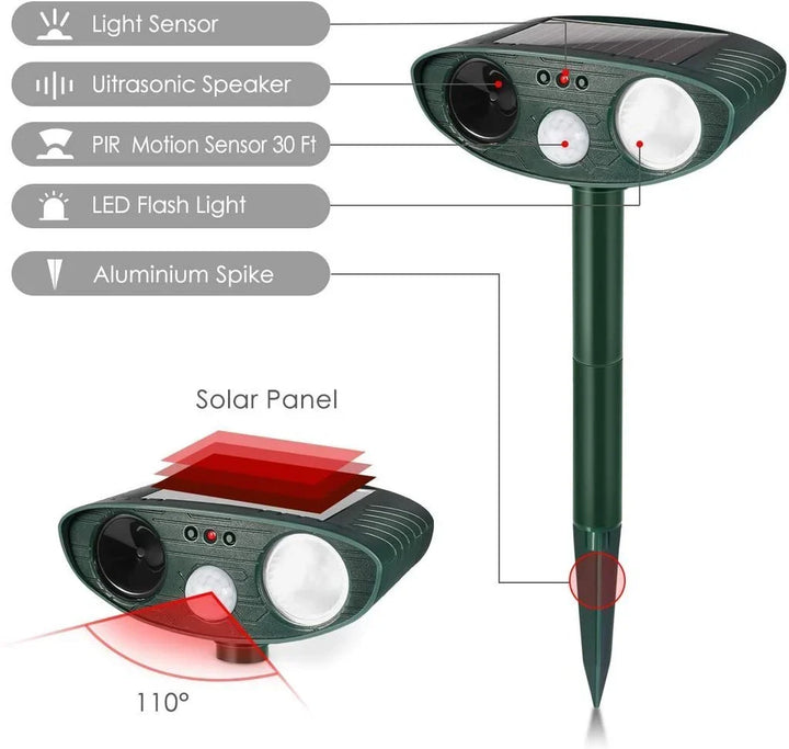 Back view of solar ultrasonic animal repeller. Adjustable settings for optimal garden defense.