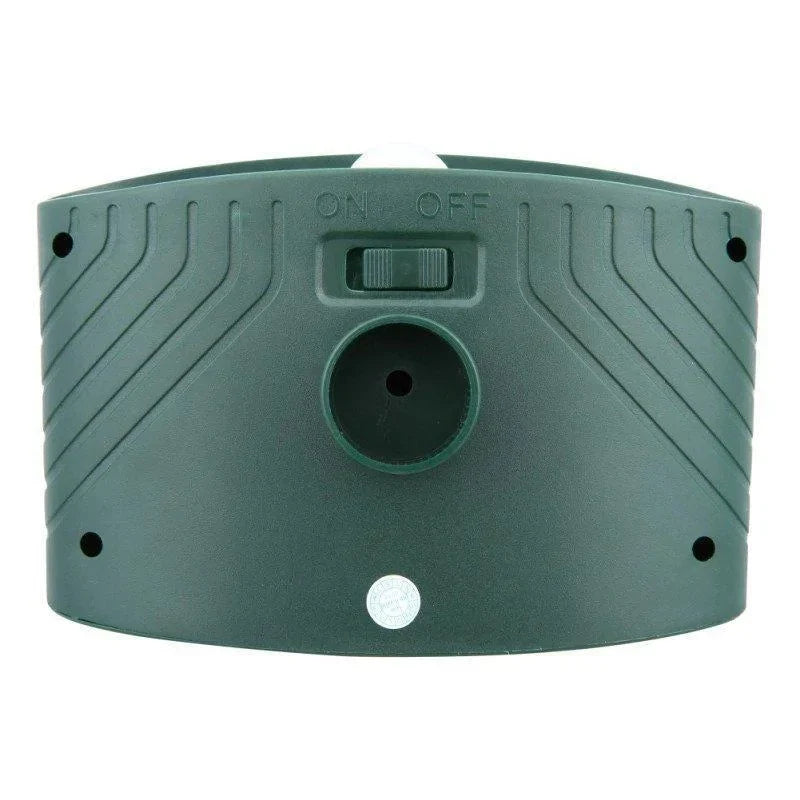 Solar ultrasonic deer repeller providing continuous yard protection, day and night.