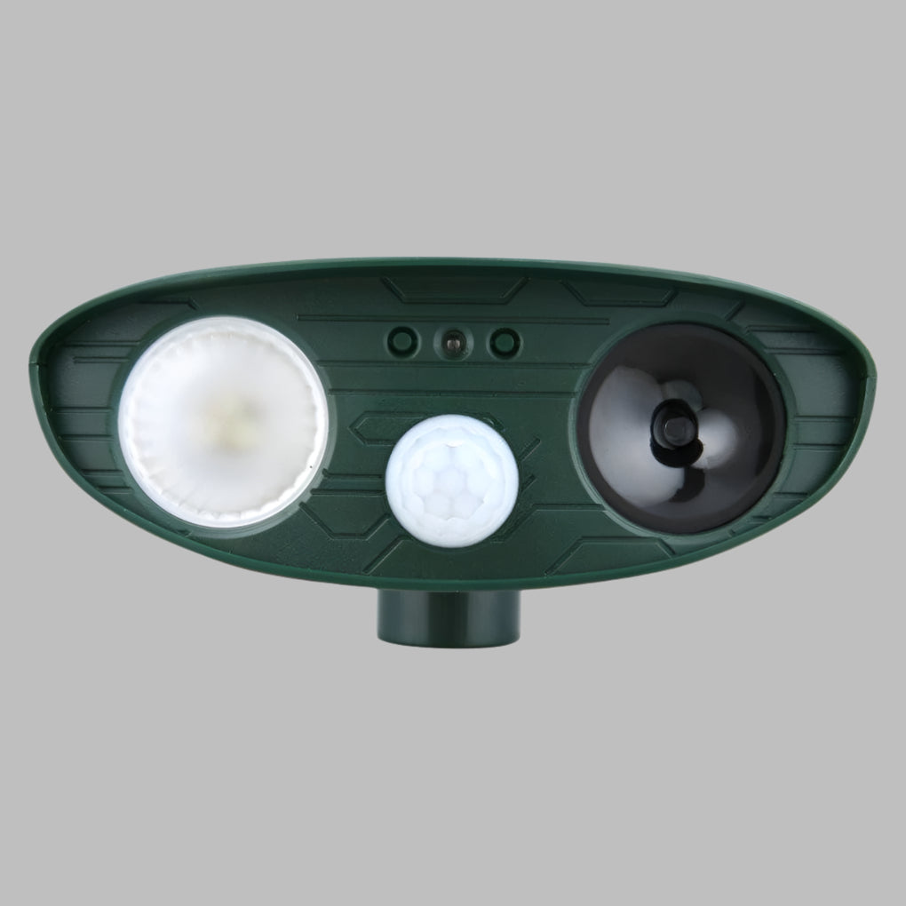 Outdoor solar rabbit deterrent safeguarding garden plants & yard. Ultrasonic, no chemicals.