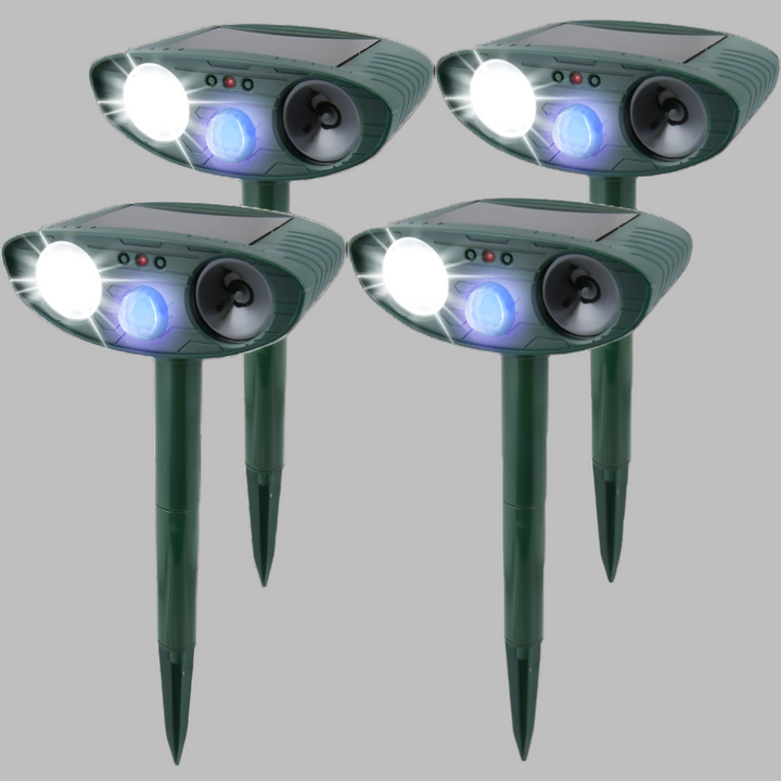 High-tech solar-powered ultrasonic animal repeller provides effective, humane rabbit deterrence.