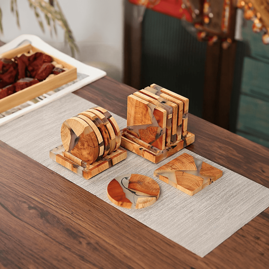 Solid wood coaster set with elegant Japanese design, perfect for home & kitchen table decor and drink protection.