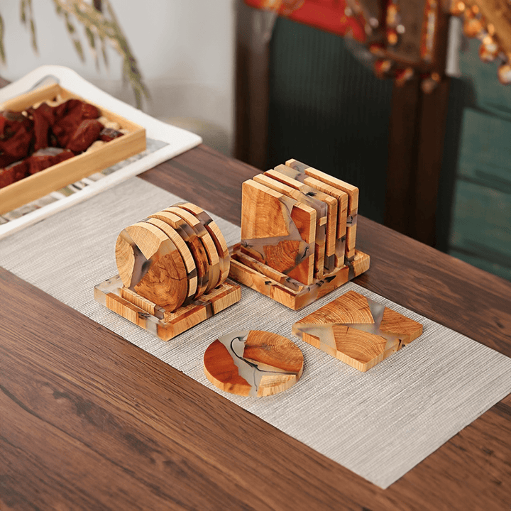 Solid wood coaster set with elegant Japanese design, perfect for home & kitchen table decor and drink protection.