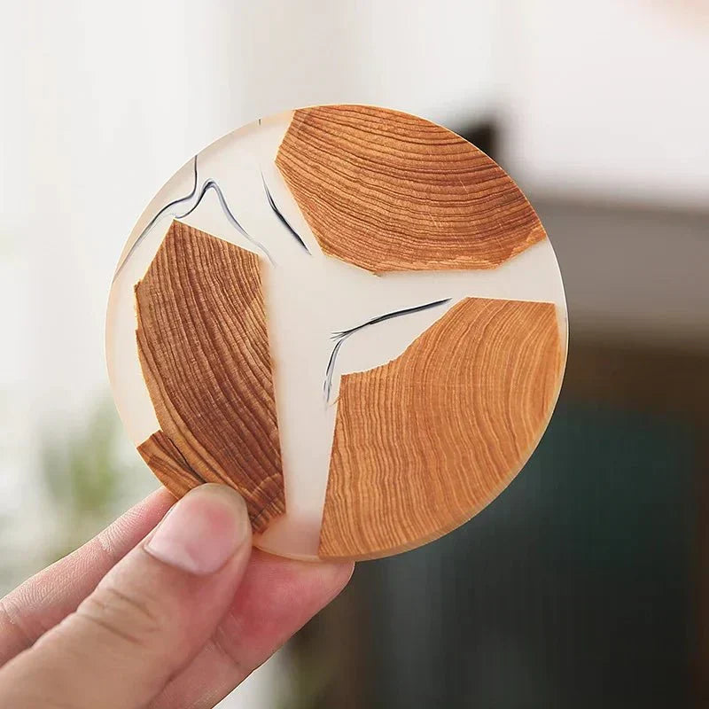 Decorative wood drink coaster set featuring a unique Japanese art design, ideal for kitchenware & table protection.