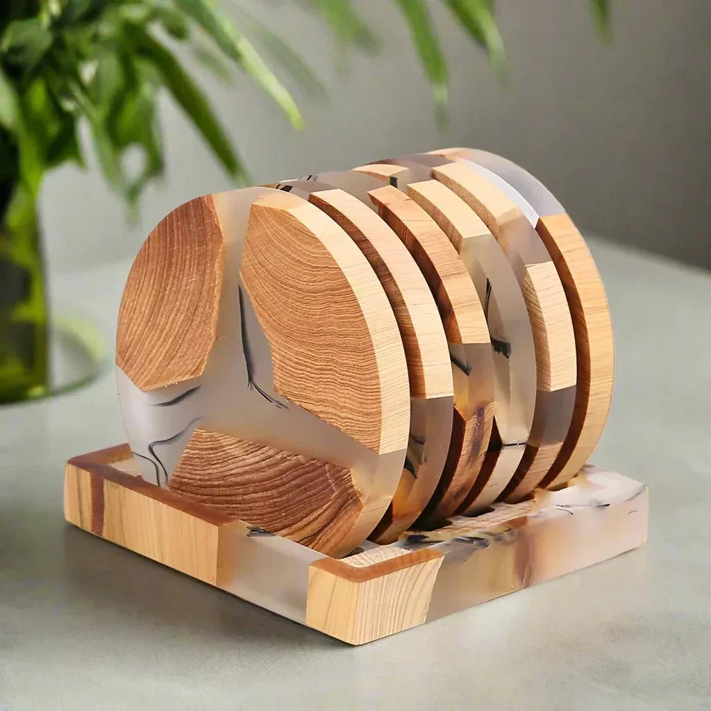 Elegant wood coaster set for drinks, showcasing a beautiful Japanese pattern, a perfect home accessory & gift.