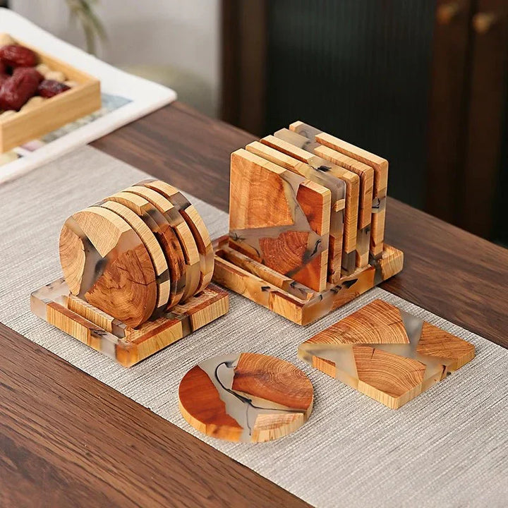 Premium solid wood coaster set with a unique Japanese aesthetic, enhancing kitchenware and home accessories.