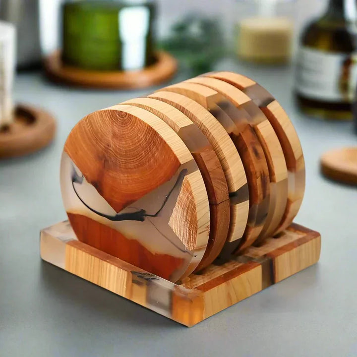 Stylish solid wood coasters with a distinctive Japanese design and a subtle resin accent, ideal for table decor.