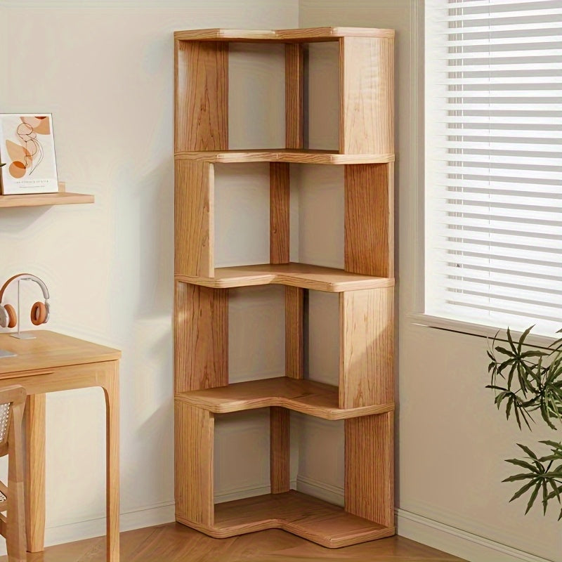 Solid wood corner storage shelf unit, natural finish, perfect for living room display & space-saving organization.