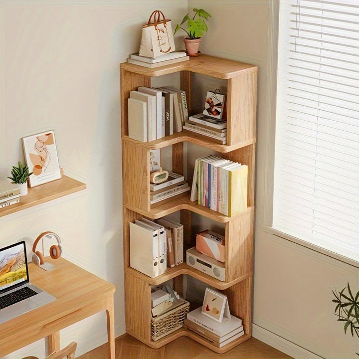 Space-saving solid wood corner shelf unit for living room, bedroom, or office storage & decorative display.