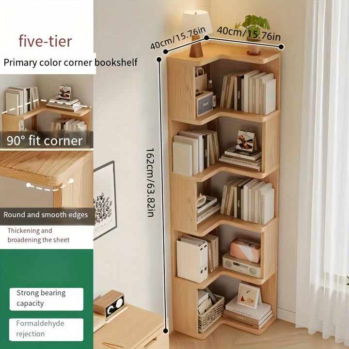 Elegant solid wood corner display shelf unit, natural grain finish, ideal for home decor & versatile storage.