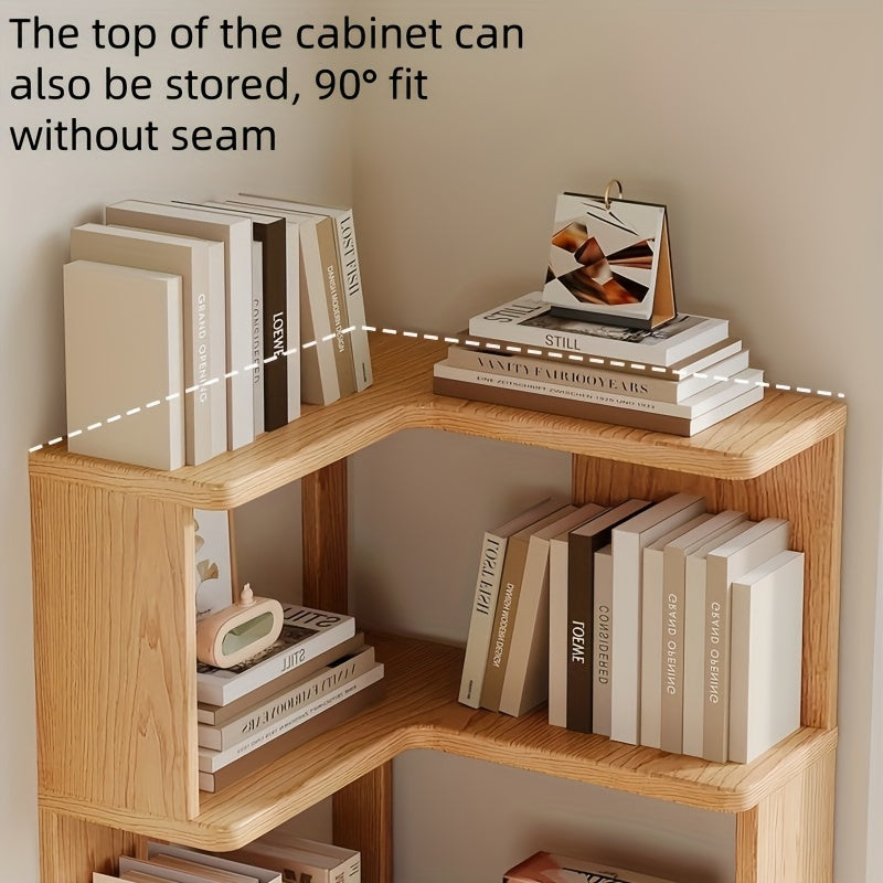 Solid wood corner shelf unit, natural wood storage for living room, bedroom, or office; space-saving & decorative.