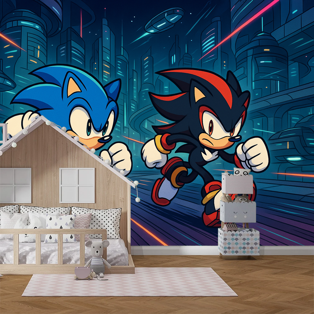 Sonic City gamer mural wallpaper, perfect for kids & teens, featuring vibrant video game art & cyberpunk decor.